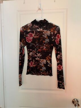 Xhilaration Black Floral Mock Neck Long Sleeve Top